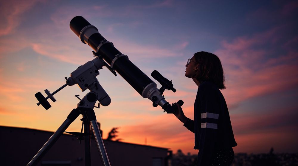 Enfant qui découvre un cadeau d'astronomie sous un ciel étoilé
